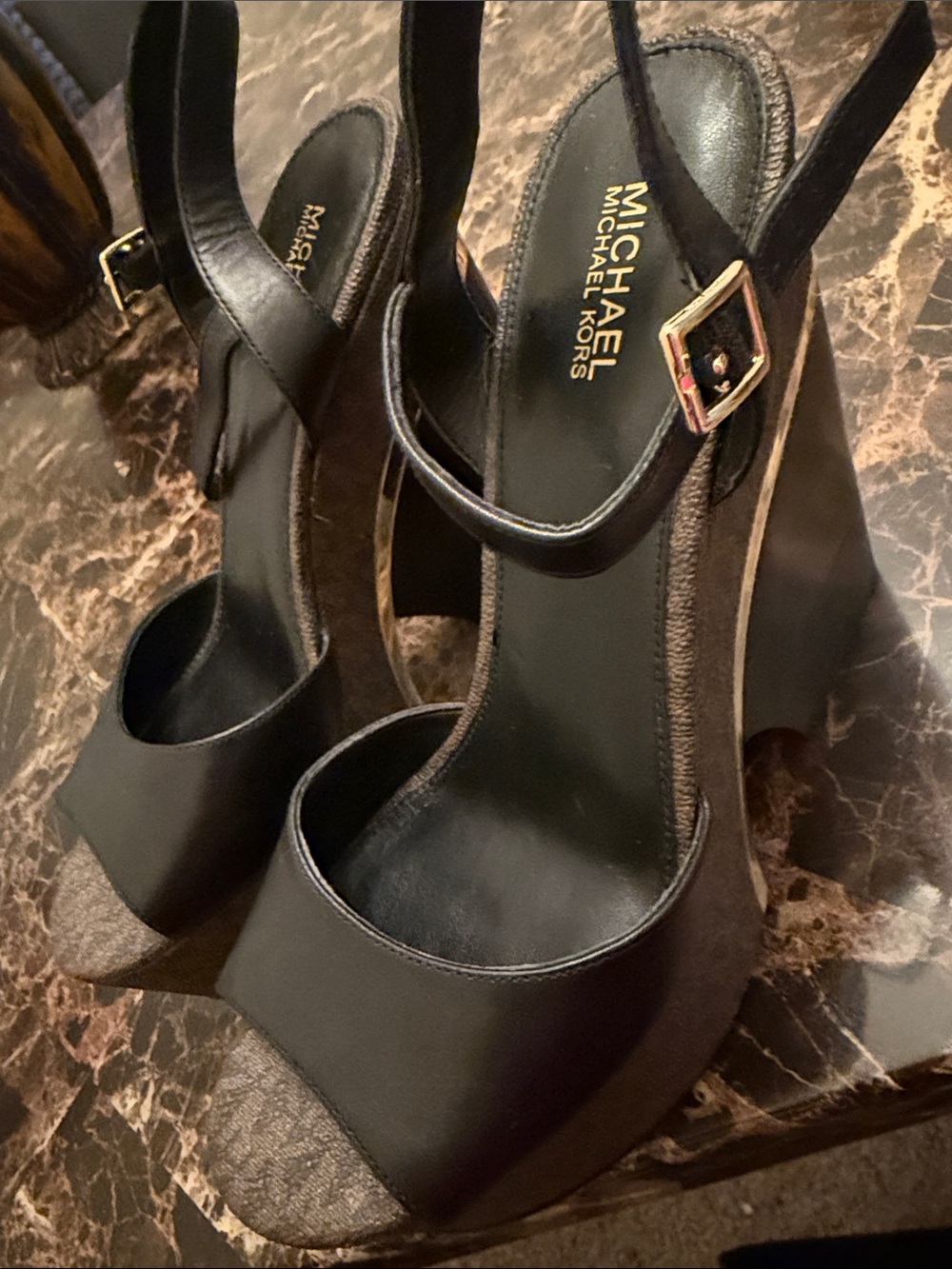 Luxury MICHAEL Michael KORS Platform Wedge Sandals 6.5 | Black + Brown | Gold - Picture 1 of 7